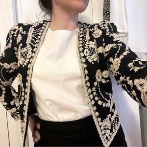 topshop, size 6, super chic black blazer with beige embroidery.